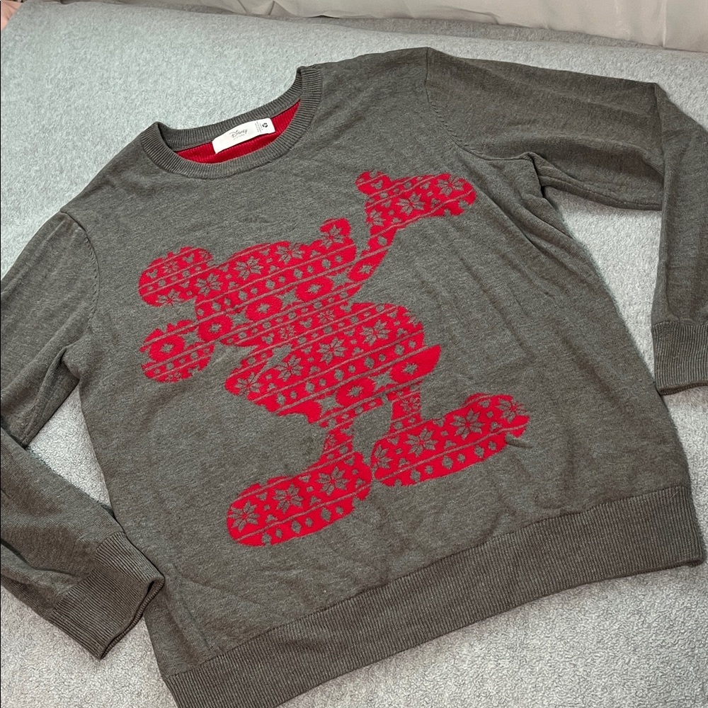 Disney Mickey Sweater Large Gray Red Winter Preppy Academia